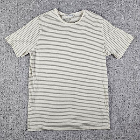 Zara Shirt Womens Large Off‎ White Short Sleeve Basic Crew Neck Striped Ladies - Picture 1 of 8